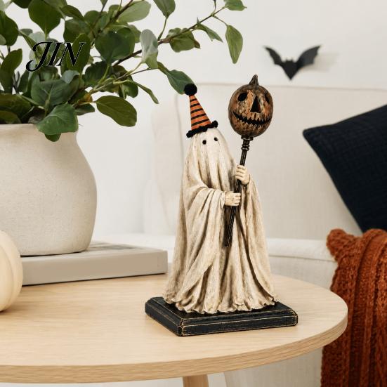 Shabby Fabric Ghost Decoration Vintage Figurine with Glowing Pumpkin Scepter, Halloween Ornament Retro LED Light, Resin Lighted for Indoor Outdoor
