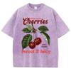 Fresh Picked Cherries Cottonwashed T Shirts Women Sweet Fruit Print T-Shirt Distressed Oversize O-Neck Tops Street Woman Clothes