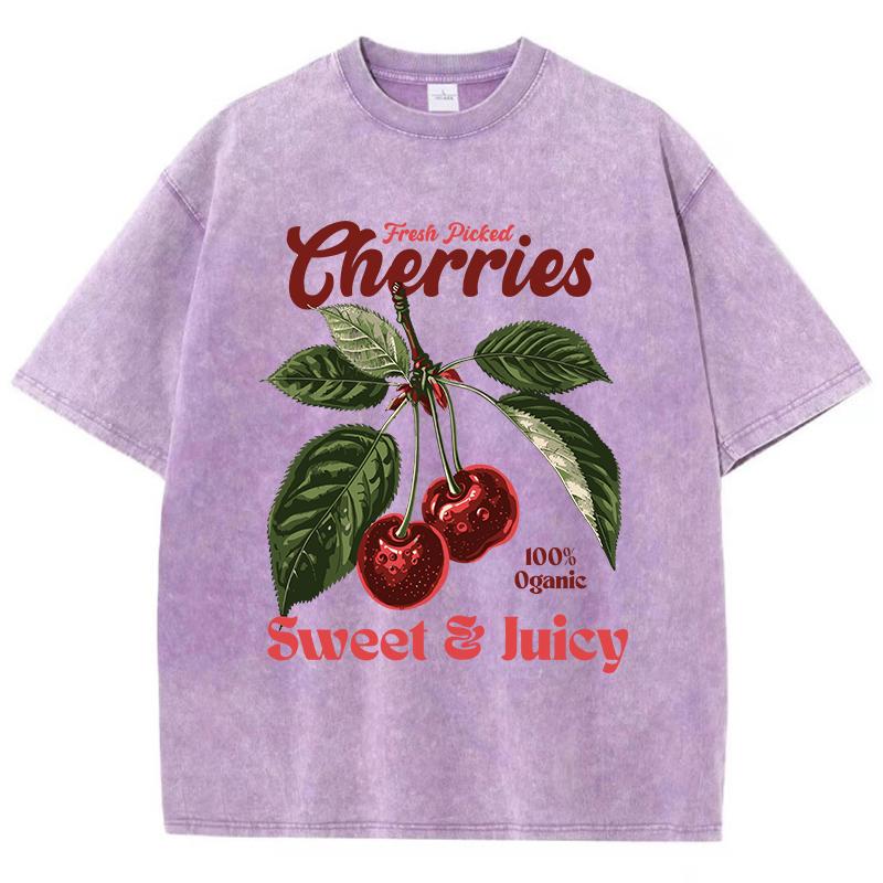 Fresh Picked Cherries Cottonwashed T Shirts Women Sweet Fruit Print T-Shirt Distressed Oversize O-Neck Tops Street Woman Clothes
