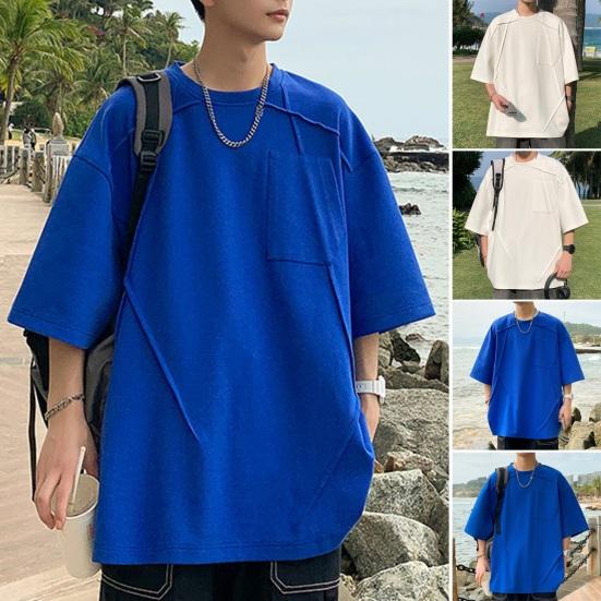 Summer Men Top O Neck Three Quarter Sleeves Chest Pocket Patchwork Loose Plus Size Mid Length Pullover Solid Color Hip Hop Streetwear Daily T-shirt