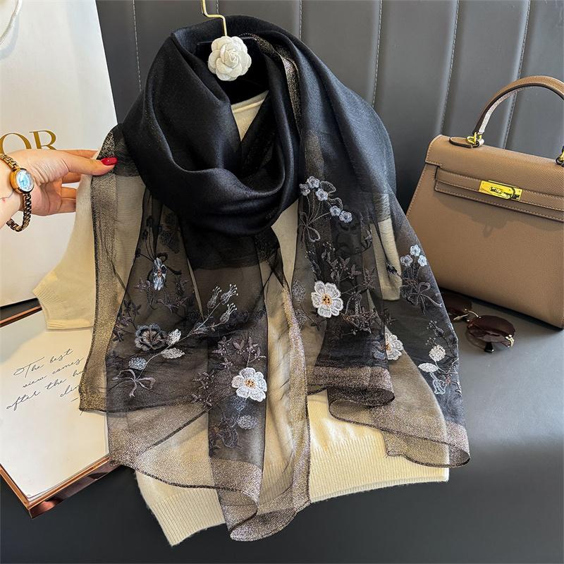 Роскошный блестящий кружевной шарф шелковый женский хиджаб мягкие шерстяные шали и палантины большой цветок тонкие шарфы фуляр женский буфанда новый