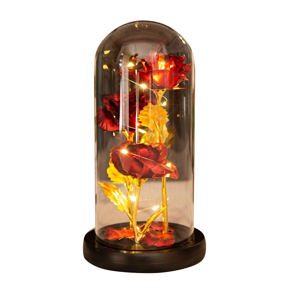 Colored Roses Ornaments 3 Flowers Glass-covered Gold-leaf Artifical Roses Luminous Led Night Light Creative Valentine Day Gifts