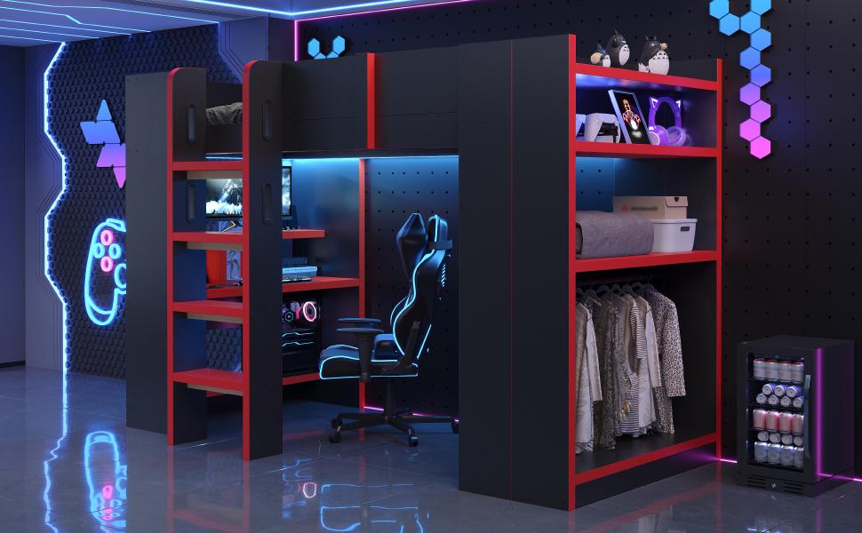 Multifunctional Loft Bed 90 x 200 cm, Desk, Computer Holder, Multi-Tier Shelf, Simple Clothes Rack, Socket and LED Lighting, Safe Ladder, Black-Red