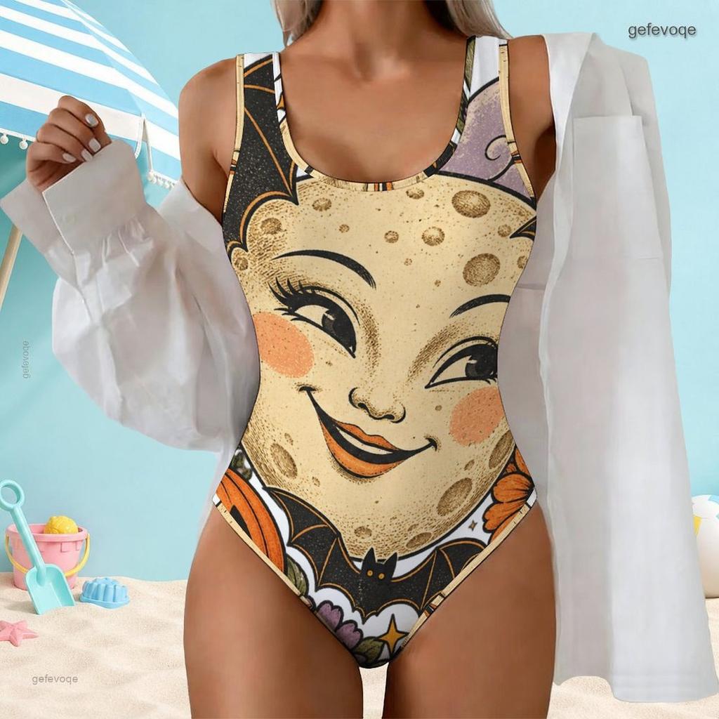 Women Plus Size Scoop Neck Wide Straps One Piece High Cut Swimsuit Halloween Cartoon Animal Pumpkin Printed