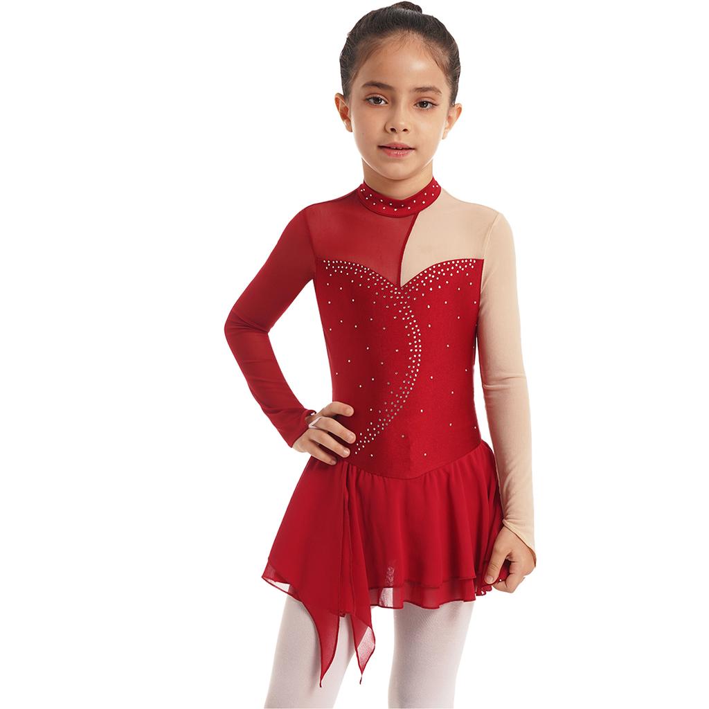 Girls Performance Dress Long Sleeve Round Neck Patchwork Design Hollow Back Rhinestone Skating Wear