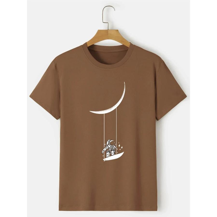 Мужская футболка с принтом «Astronaut Moon Swing», 100% хлопок, круглый вырез, короткий рукав, мужская одежда весна-лето, высокое качество