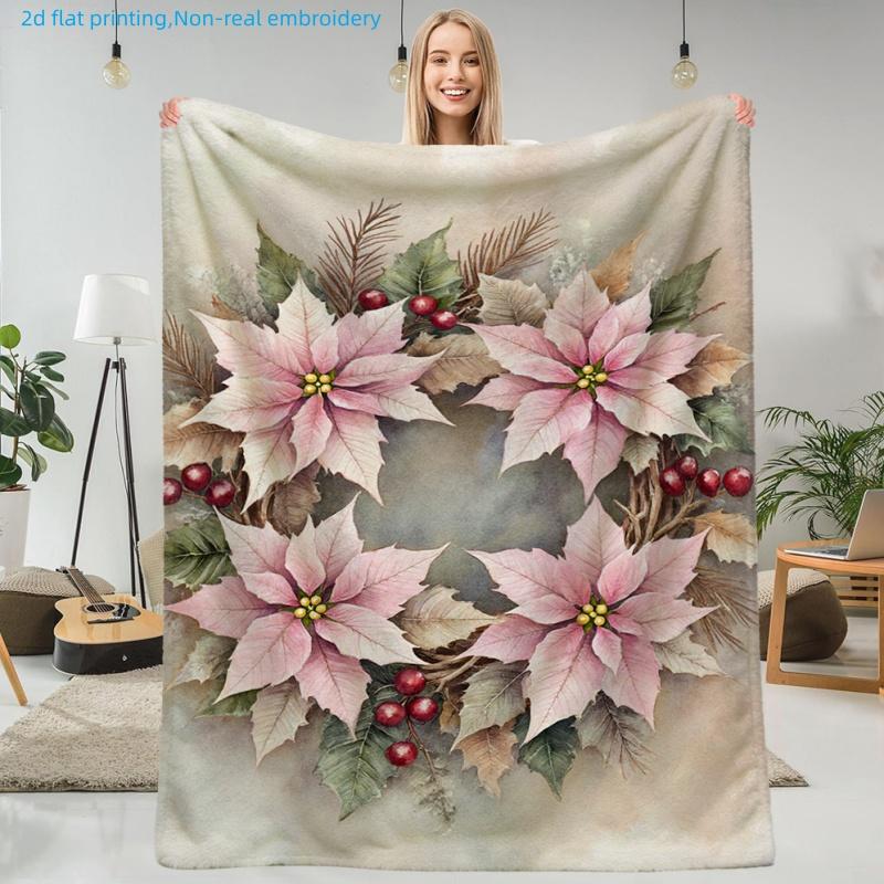 1pc Winter Floral Print Blanket, Christmas Theme, Multi-Size Available, Suitable for Living Room, Bedroom, Study, Office, Balcony