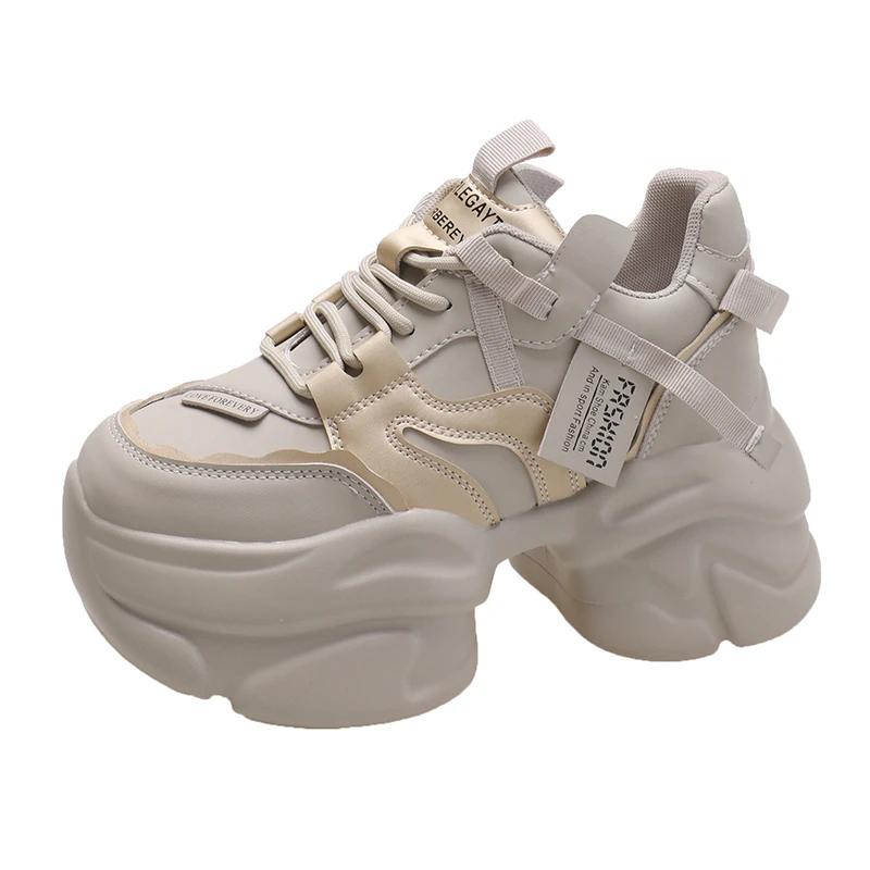 Модные новые модные массивные кроссовки женские осенние спортивные туфли на платформе со шнуровкой женские 8 см толстые высокие каблуки женские кожаные кроссовки