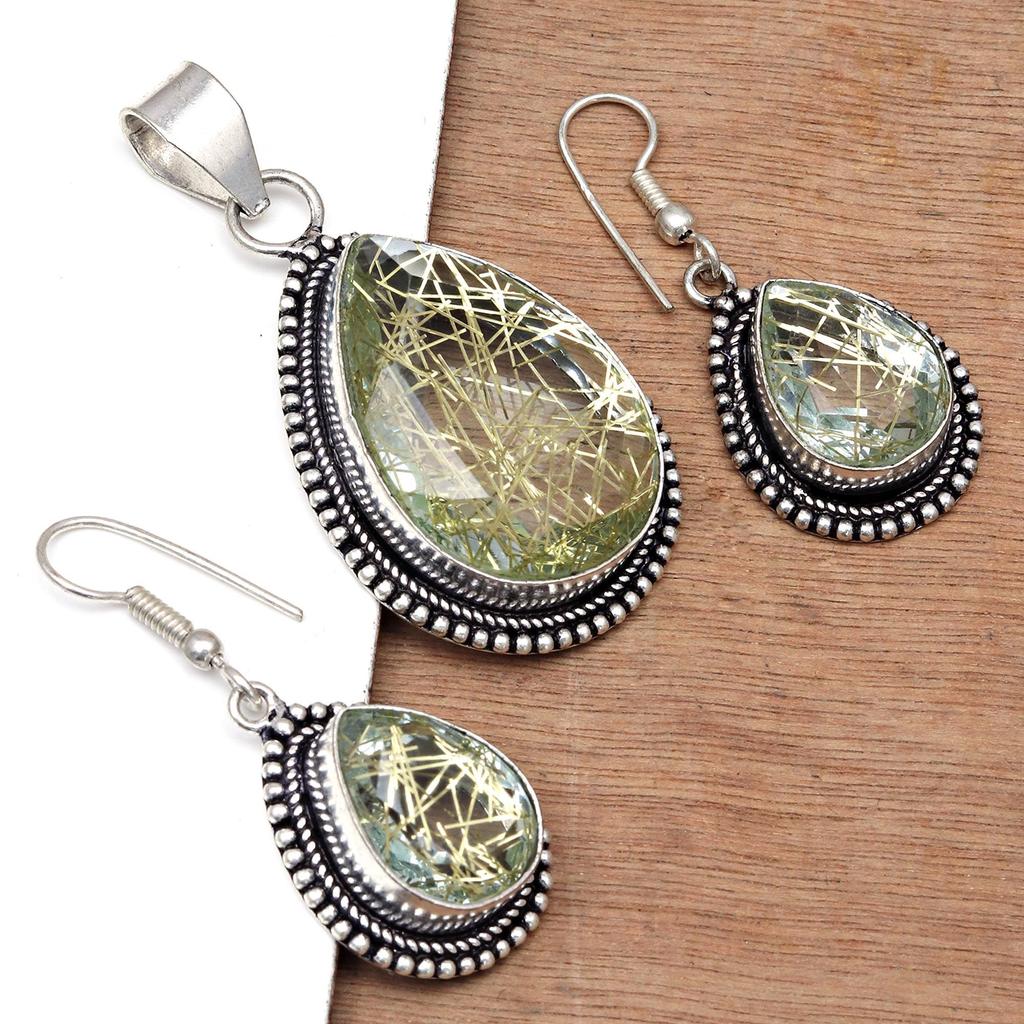 Rutile Golden Set Earring Jewelry 18-20'' Pendant Quartz Sterling