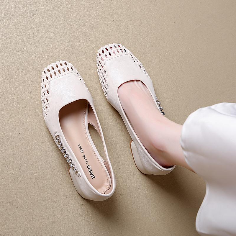 Туфли-лодочки на толстом каблуке 2025 новые полые дышащие квадратный мысок плетеные из мягкой кожи с юбкой туфли Мэри Джейн женские новые