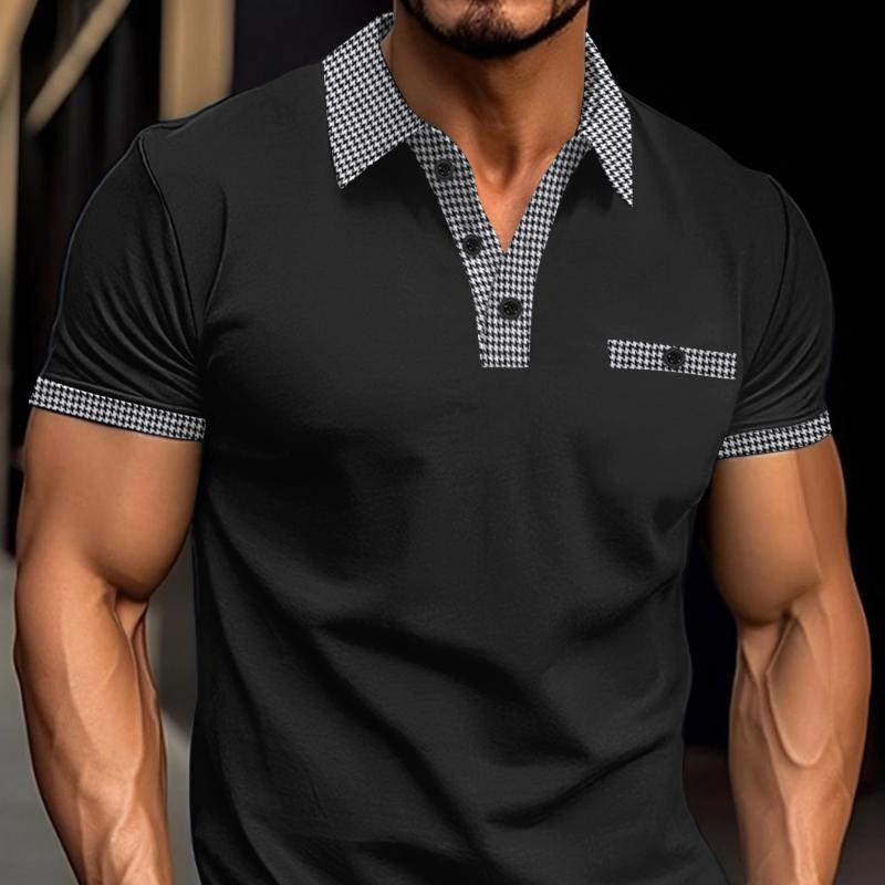 Летняя мужская повседневная рубашка-поло с коротким рукавом и лацканами из ситца с имитацией кармана