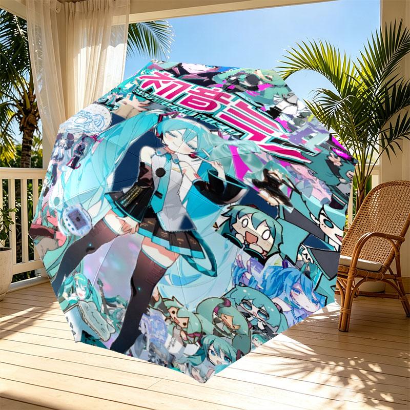 Hatsune Miku Print Automatic Open Close Umbrella, Portable Foldable Umbrella, for Outdoor Commute Camping Trip, Ideal Birthday Gift