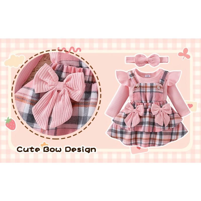 Baby Girl Clothes Newborn Infant Long Sleeve Jumpsuit with Headband Outfits Set 3pcs Bow Fall Winter 0-18 Months, for Outdoor