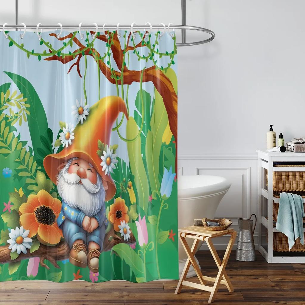 1PC Dwarf pattern printed shower curtain, spring day, waterproof, with 12 hooks, bathroom showers, bathtub, home use