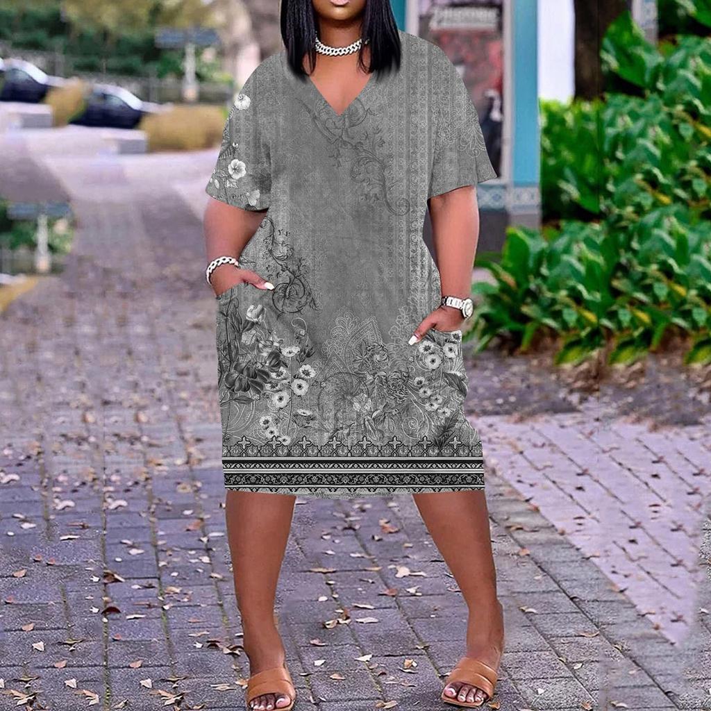 Лето плюс размер V-образным вырезом с короткими рукавами и карманами до колена с принтами повседневное платье для женщин
