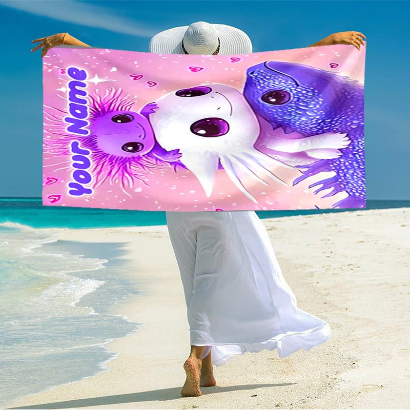 1PC Custom Name Purple Axolotl Trio Beach Towel Highly Absorbent And Sand-Resistant Towel for Swimming, Pool, Yoga, And Travel Lightweight