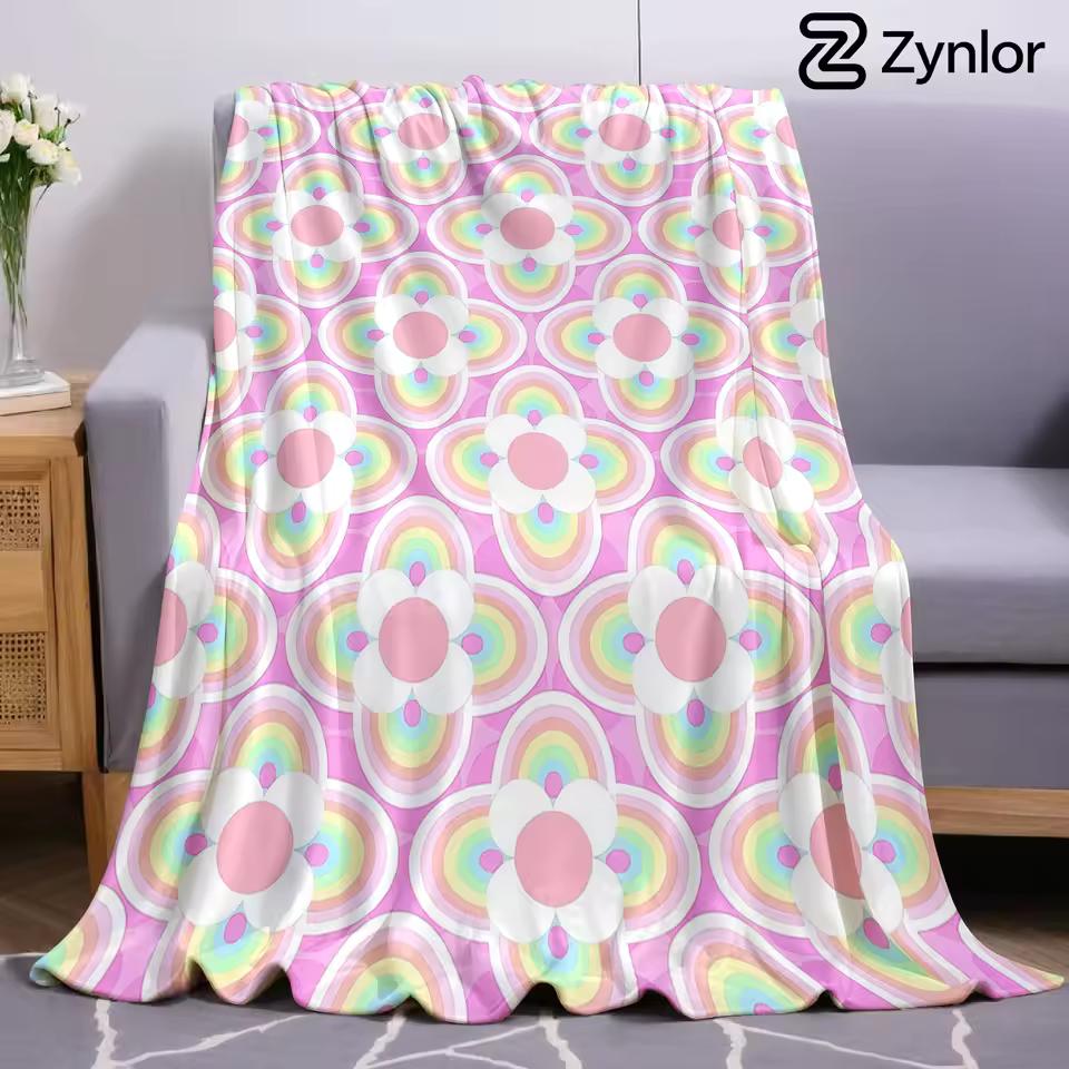 Rainbow Retro Flower Ultra Soft Sherpa Fleece Blanket Fluffy Warm Halloween Cozy Throw for Sofa Couch Bedroom Gift All season