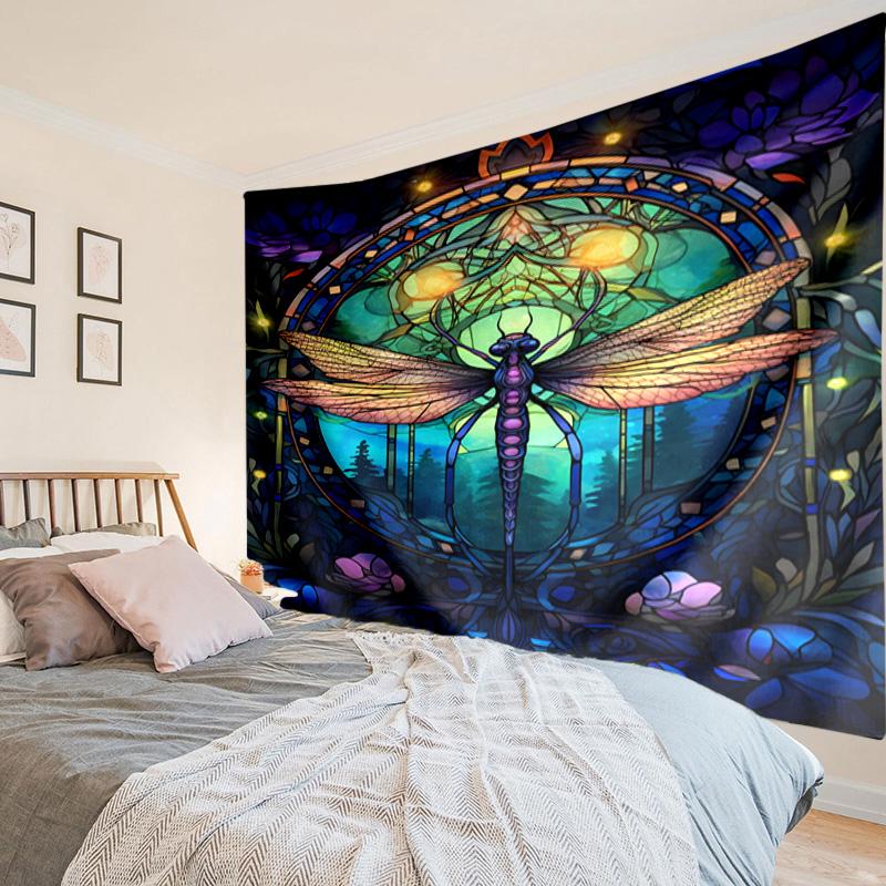 Stained Glass Dragonfly Garden Tapestry, Unique Design Tapestry, Wall Decor for Bedroom,Livingroom, Playroom,Heartwarming Fan Holiday Gifts