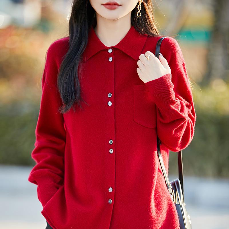 Women's Pure Wool Knit Cardigan Jacket - Spring/Autumn 2025 POLO Collar, Korean Style, Slimming, Loose Fit, Button-Up Sweater