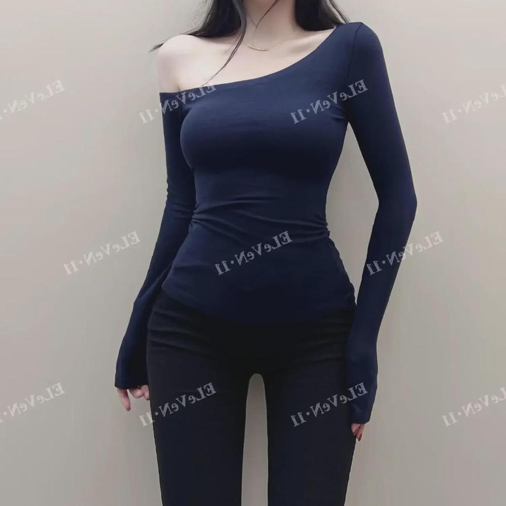 Корейский стиль Сексуальная футболка с открытыми плечами Slim Fit с длинным рукавом для осени/зимы