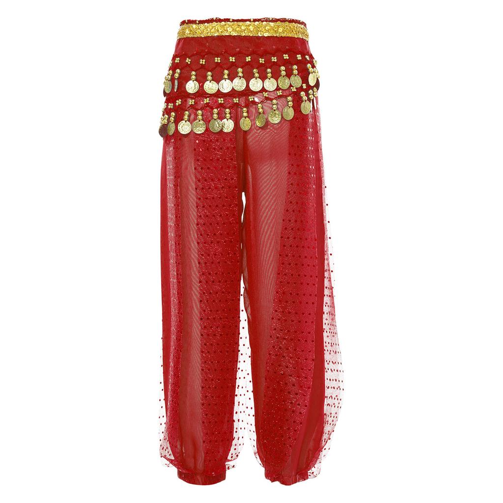 Girls Elegant Belly Dance Pants Sequin Embellished Chiffon Fabric Elastic Waist Beaded Tassels Performance Wear