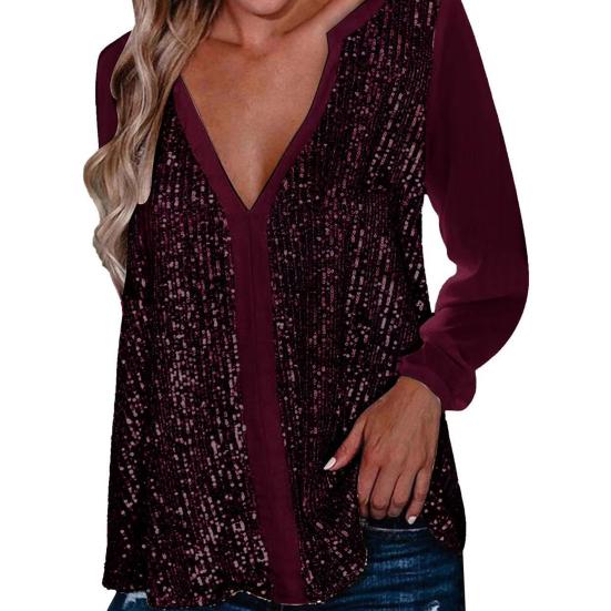 Пуловер большого размера с шеей Мягкие блестящие пайетки V с длинным рукавом Свободный дышащий средней длины Сплошной цвет Производительность