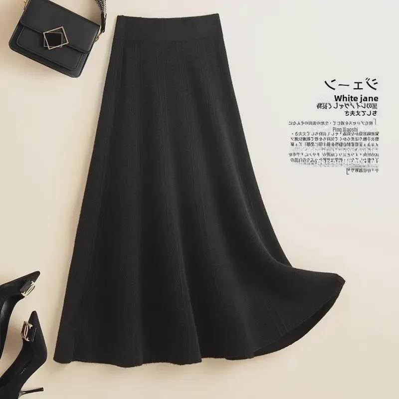 «Женская шерстяная юбка средней длины с высокой талией: Кашемировый трикотаж А-силуэта в корейском стиле на осень/зиму