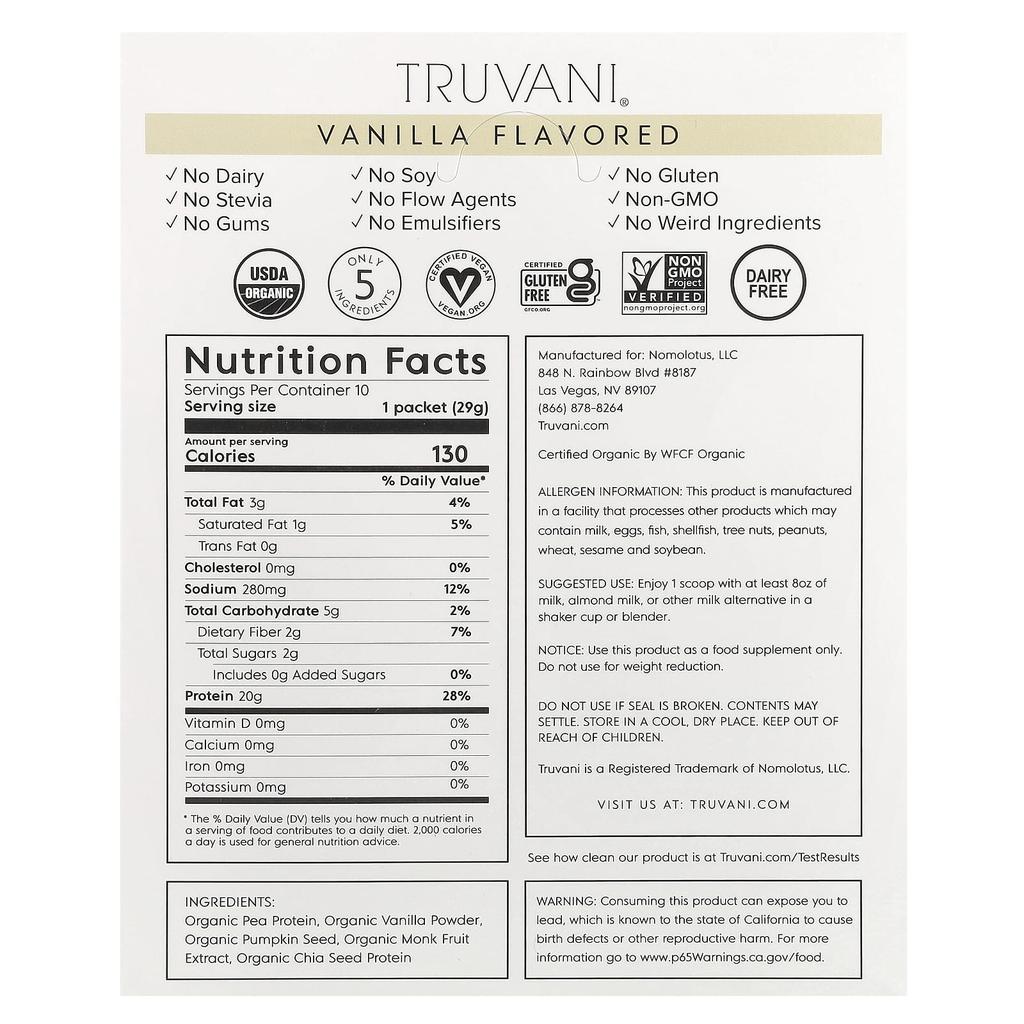 Truvani Plant-based Protein Powder, Vanilla, 10 Packs, 1.02 Oz (29 G) Each