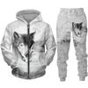 Men's Zipper Hoodie Set 3D Printed Animal Wolf Sportswear/Pants Casual Street Long Sleeve Loose Spring Autumn 2 Piece Set