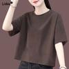 Простота Тонкие Летние Свободные Однотонные Футболки Круглый Вырез Чистый Хлопок Женская Одежда Повседневные Прямые Пуловеры Удобные