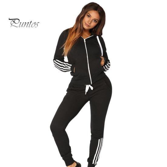 2 Pcs/Set Women Hoodie Pants Suit Hooded Long Sleeves Solid Color Zip-up Coat Elastic High Waist Ankle-banded Trousers Sport Fall Winter Tracksuit