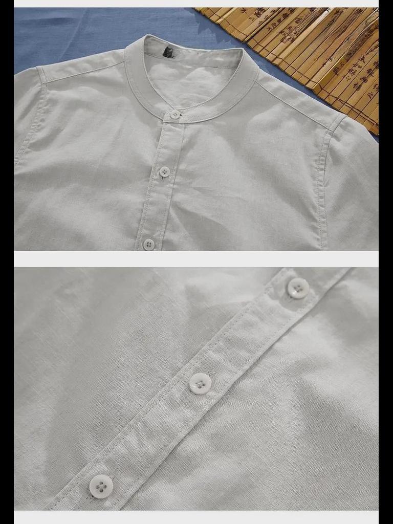 Мужская льняная рубашка с воротником-стойкой в китайском стиле — короткий рукав, свободный крой, летний повседневный тренд