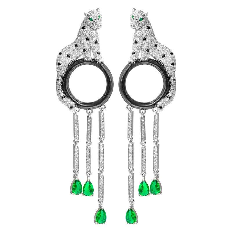 Длинные серьги-капли с головой леопарда, изумрудной огранкой и кисточкой, серебряные серьги 925 цвета с иглой, серьги с животными для женщин, дизайнерские украшения