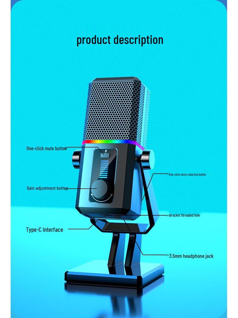 RGB Микрофон со шумоподавлением для игр, стриминга, конференций и онлайн-занятий - Черный настольный микрофон