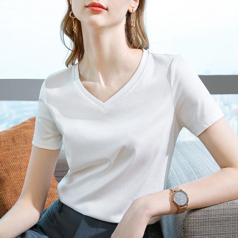 Футболка из хлопка с короткими рукавами, женская новая женская одежда, темпераментная футболка с V-образным вырезом из чистого хлопка, однотонный топ высокого класса