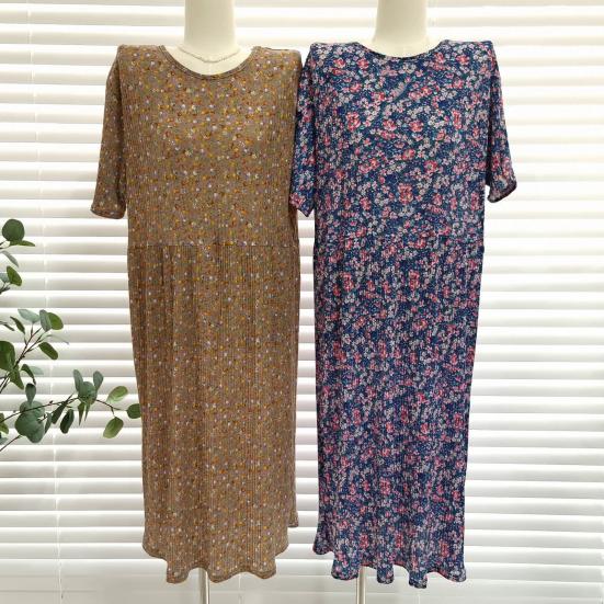 Summer Women Dress Small Flower Print Crew Neck Loose Short Sleeves Pleated Mid-calf Length Pullover Shopping Midi Dress