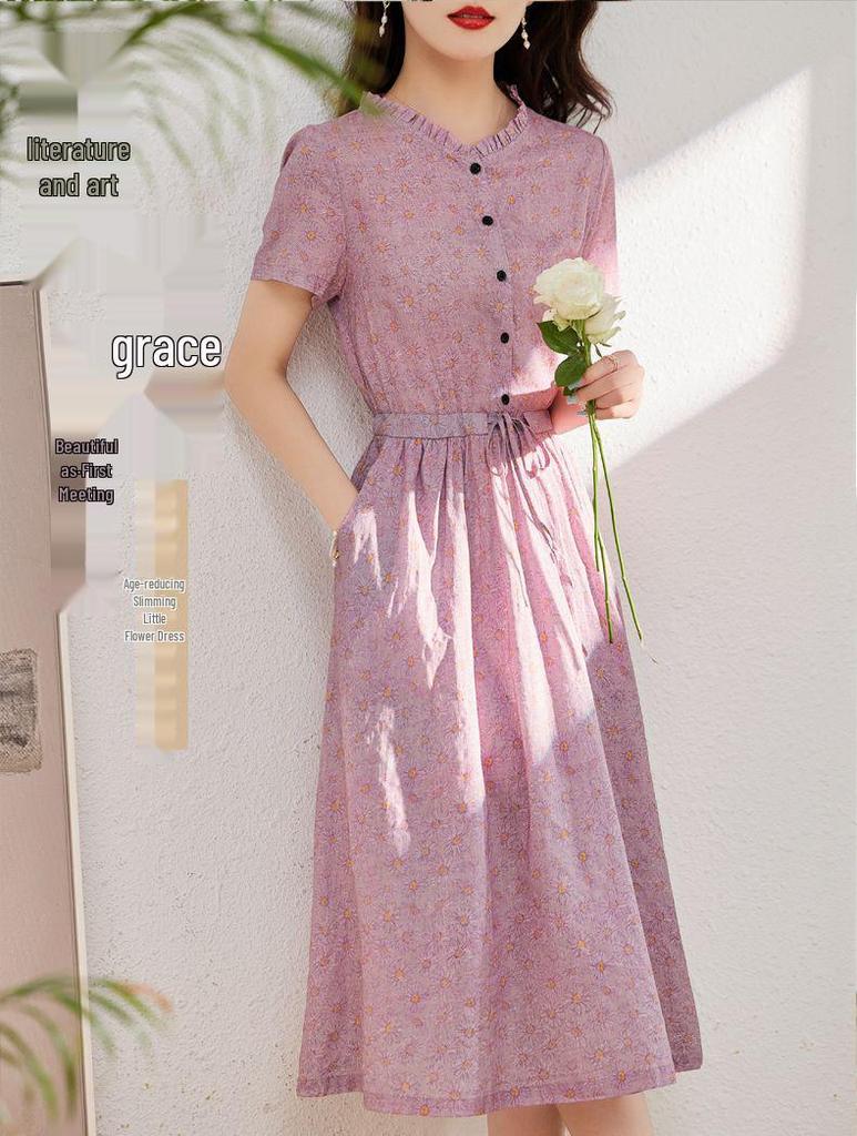 2023 Элегантное цветочное макси-платье из хлопка и льна для женщин – Летнее, с акцентом на талии, омолаживающая мода