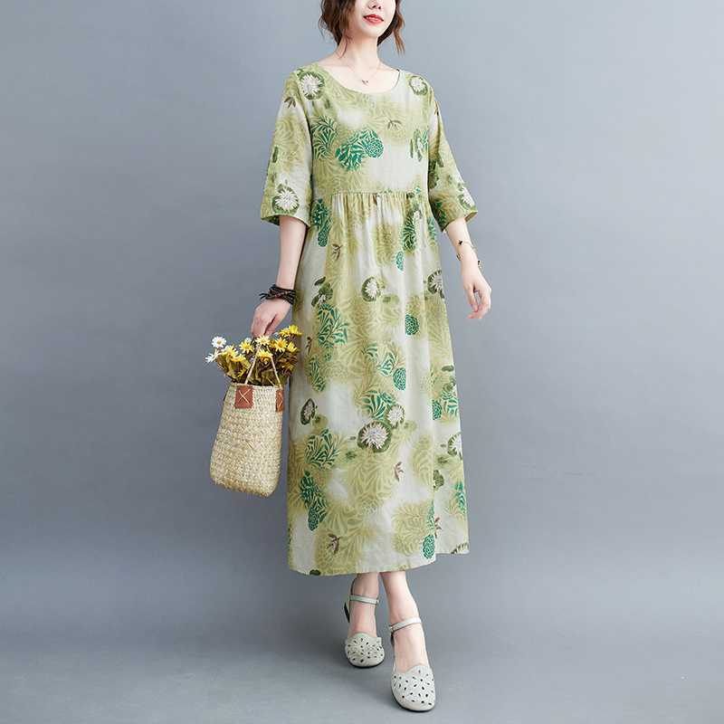 Летние новые большие размеры свободные тонкие круглые вырезы рукава пять минут женские платья для уменьшения возраста