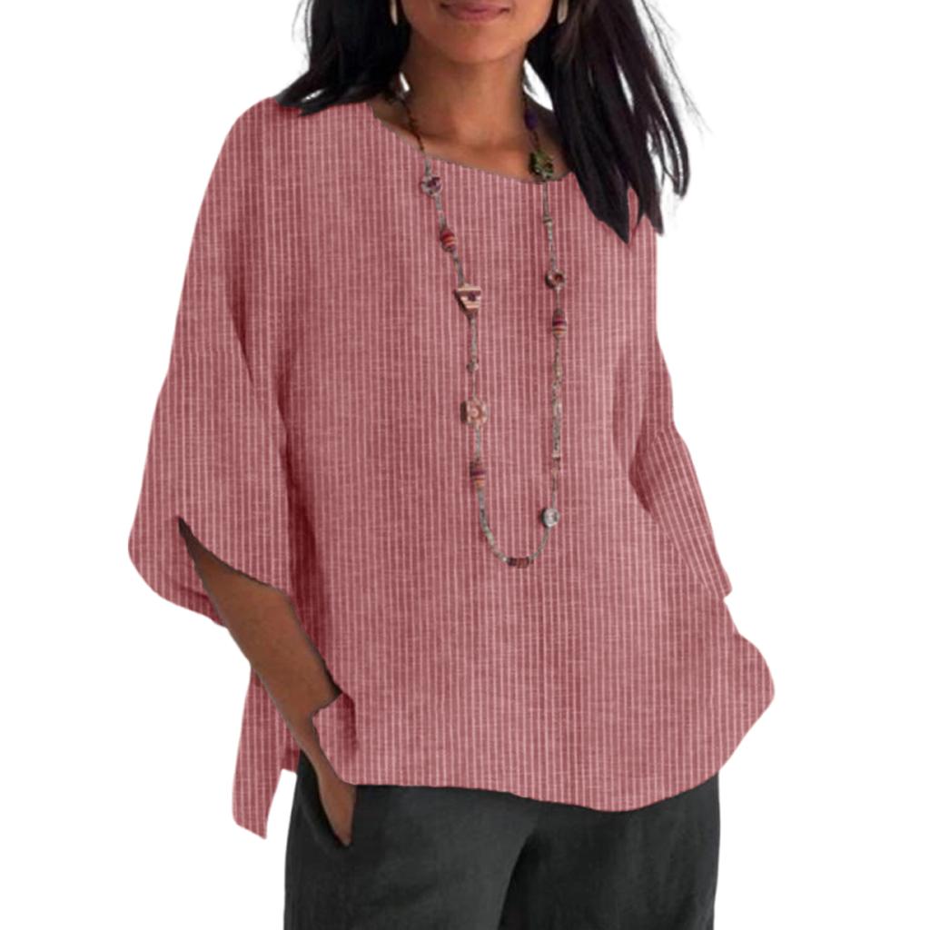 Женская модная футболка свободного кроя из хлопка и льна с круглым вырезом