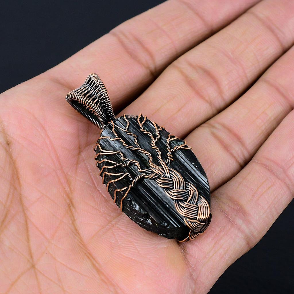 Древо жизни, черный турмалин, драгоценный камень, чистая медная проволока, ювелирная подвеска ручной работы