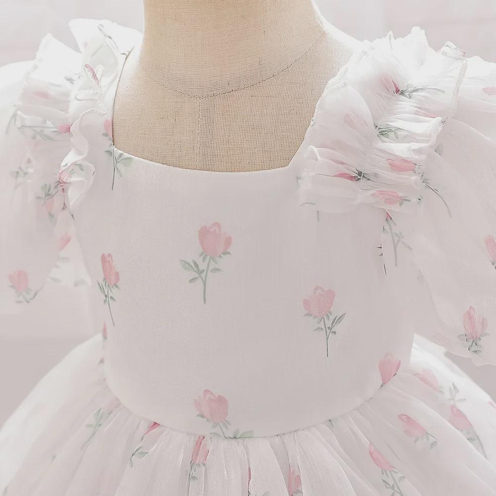 Платье принцессы для девочек-цветочниц с рукавами-фонариками и юбкой из цветочного сетчатого тюля для свадеб и дней рождения