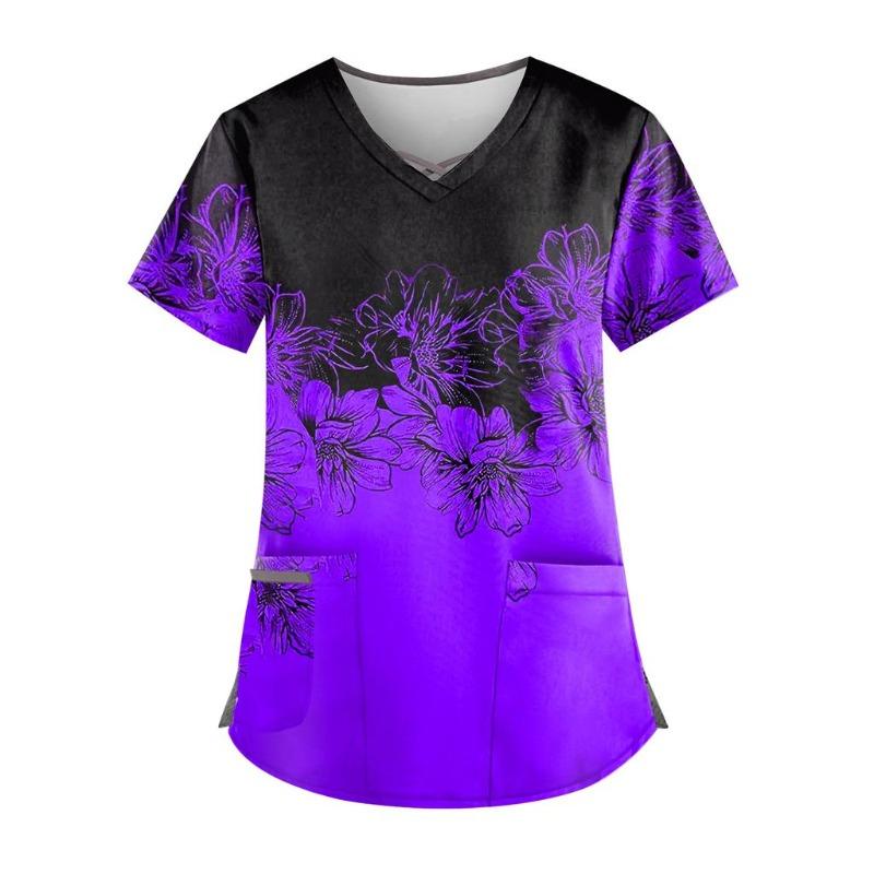 Plus Size Flower Printed Scrub Working Uniform Tops for Women Cross V-Neck Short Sleeve Fun T-Shirts Workwear Tee with Pockets