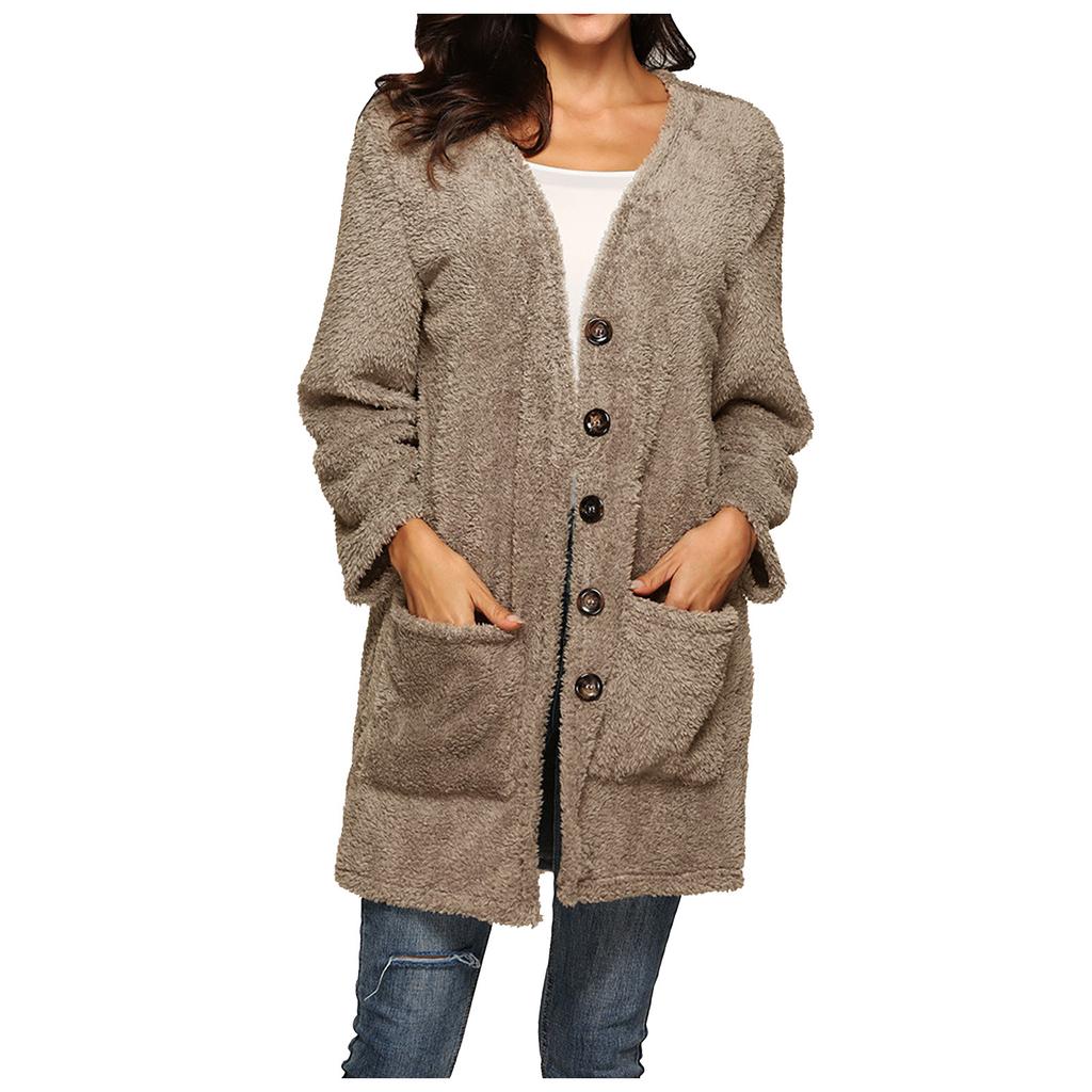 Женское И Зимнее Свободное Однотонное Стеганое Пальто с Длинными Рукавами и V-образным Вырезом на Одной Пуговице с Карманами