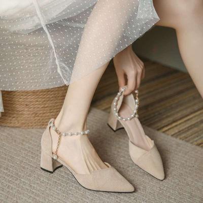 Французский темперамент высокие каблуки женские толстый каблук лето сказочный стиль нежные туфли подружки невесты одинарные туфли жемчужные сандалии женский средний каблук маленький размер