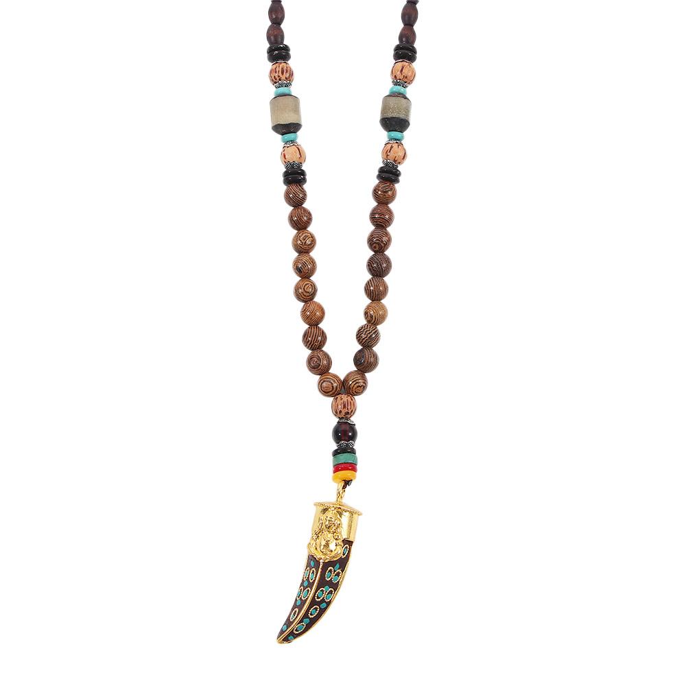 Ethnic Handmade Buddhist Jewelry Horn Mala Pendant Wood Beads Necklace Long Necklace