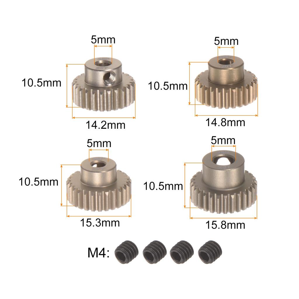 uxcell 48P Pinion Gear Set with 3.175mm (1/8") Shaft, 25T, 26T, 27T, 28T Aluminum Alloy Motor Gears for 1/10 RC Car (Set of 4)