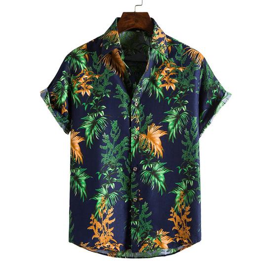 Turn-down Collar Short Sleeve Men Shirt Buttons Down Summer Coconut Tree Print Hawaiian Shirt for Travel