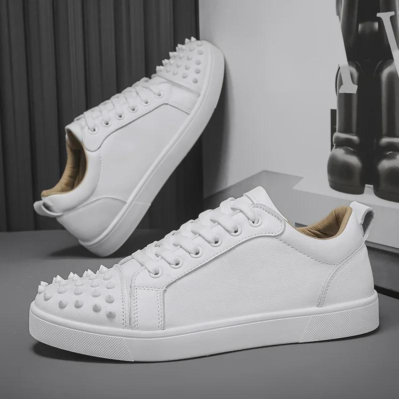 Men's Red Bottom Rivet Casual White Sneakers - Trendy Microfiber Leather Shoes