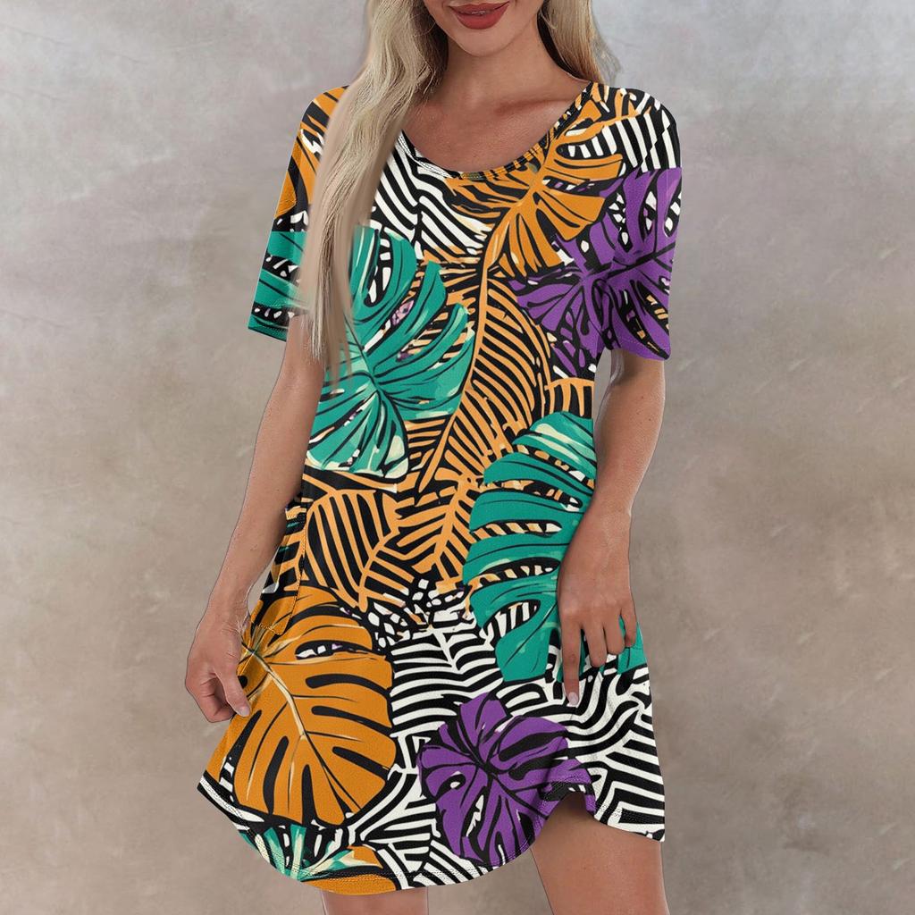 Женское повседневное и модное платье средней длины с V-образным вырезом и коротким рукавом с принтом