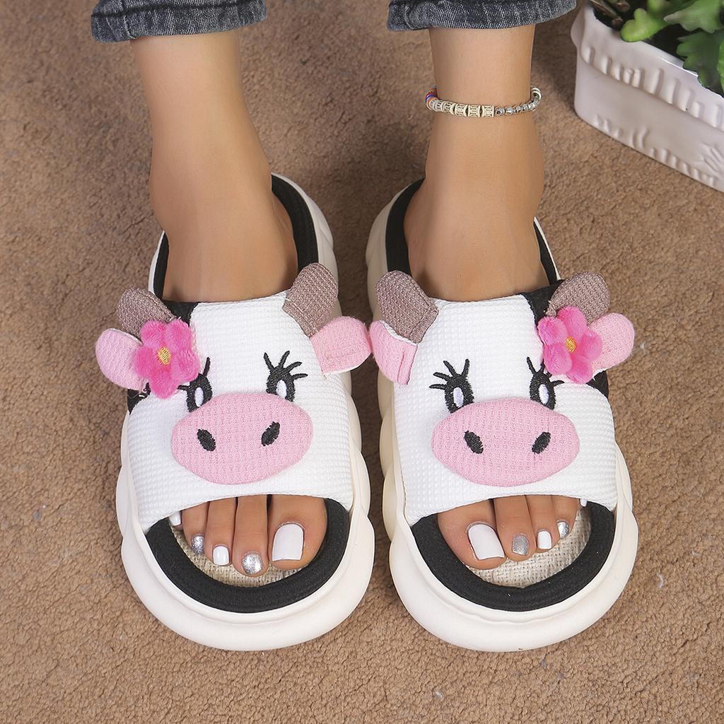 Уютные тапочки на платформе для женщин, милые домашние туфли с героями мультфильмов, легкие туфли для девочек, модные популярные элегантные домашние тапочки на плоской подошве с открытым носком